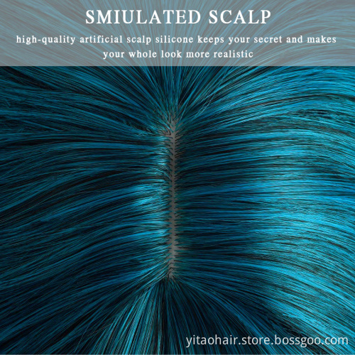 Wholesale Ombre Blue Wavy Wig with Flat Bangs 14" Synthetic Natural Hair Heat Resistant Fiber Cosplay Wig for Women Color Ombre